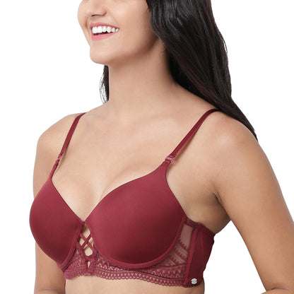 Enamor F040 Long Line Lift T-Shirt Bra - Padded Wired Medium Coverage - Crimson Red