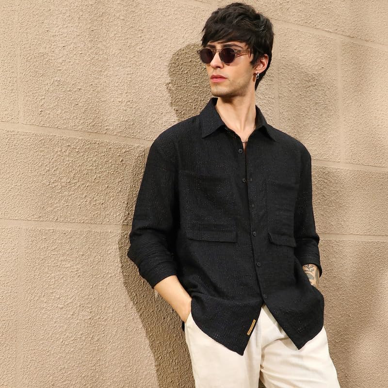 Campus Sutra Mens Midnight Black Straw-Tactile Utility Oversized Shirt for Casual Wear | Spread Collar | Long Sleeve | Button C