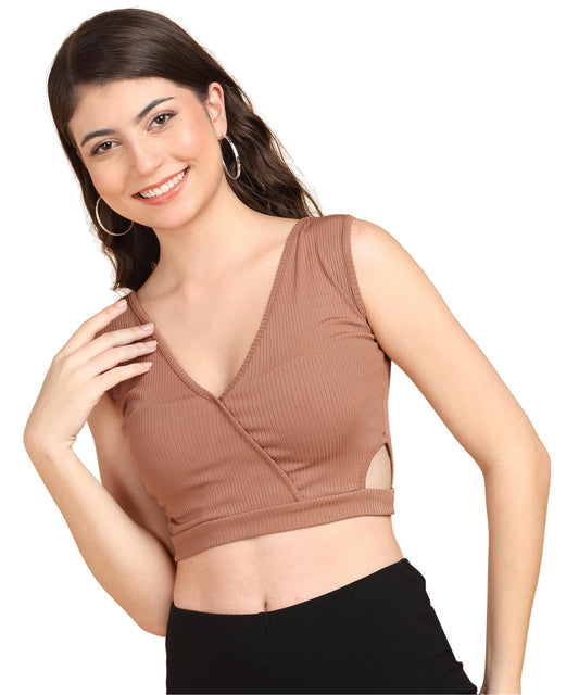 POPWINGS Women Casual Rust Self Design Rib Deep V Neck Sleeveless Cutout Crop Top