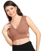 POPWINGS Women Casual Rust Self Design Rib Deep V Neck Sleeveless Cutout Crop Top