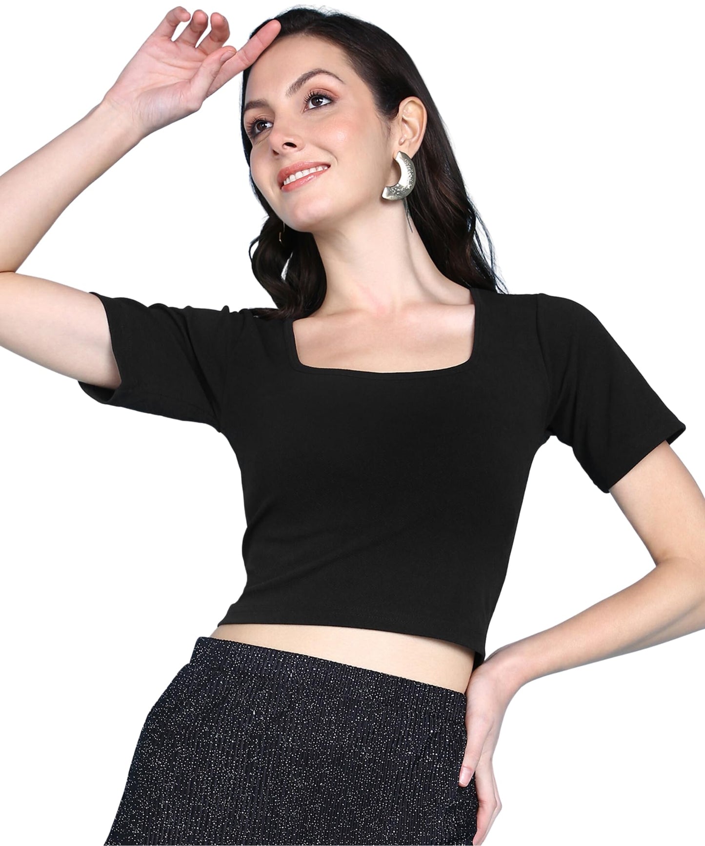 POPWINGS Women Casual Black Solid Short Sleeve Self Design Crop Top