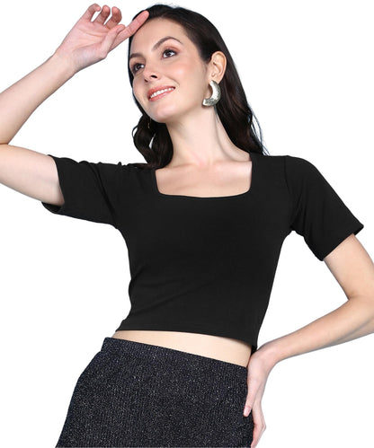 POPWINGS Women Casual Black Solid Short Sleeve Self Design Crop Top