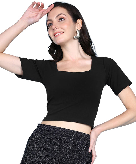 POPWINGS Women Casual Black Solid Short Sleeve Self Design Crop Top