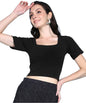 POPWINGS Women Casual Black Solid Short Sleeve Self Design Crop Top