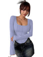 Sugathari Womens Sky Blue Solid Long Sleeve Wrap-Style Square Split Crew Neck Bodycon Women T-Shirt Spring and Summer, Minimali