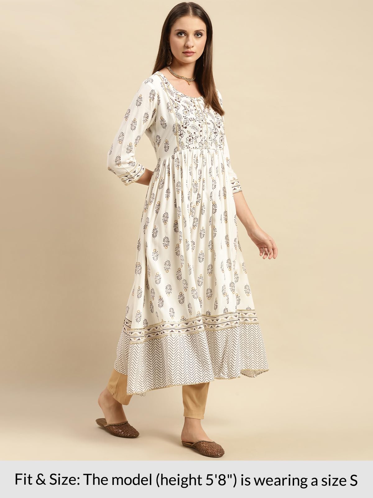 rangita Cream Rayon Calf Length Printed Anarkali Kurti for Women | Kurta for Women