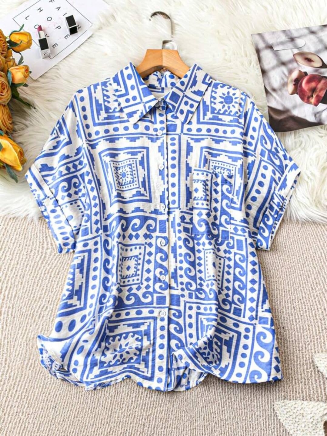 Gufrina WomenS Polyester Shirt With Pocket Half Raglan Sleeves Spread Collar Neck Geometric Printed Relaxed Fit And Standard Le