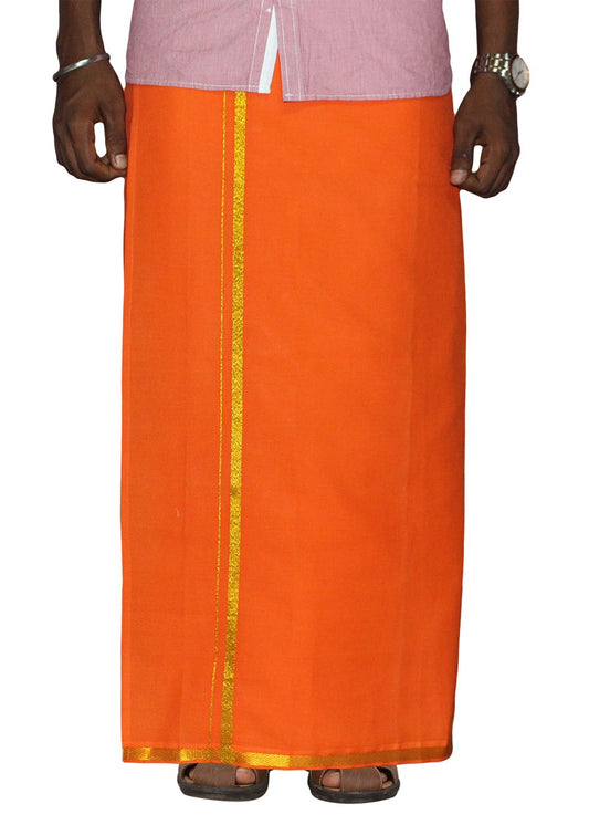 Prakasam Cotton MenS Single Orange Colour Welcro Stitched Pocket Jari Dhoti With Matching Gold Jari Towel