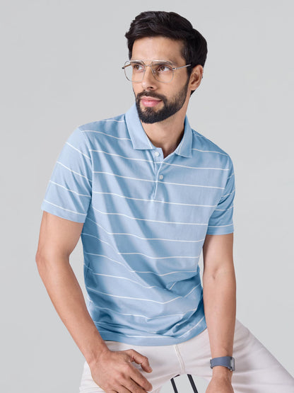 XYXX Linea Mens Stripe Cotton T-Shirt | Polo Collor Tshirts | Half Sleeves | Stripe-Slim Fit | Sky Blue
