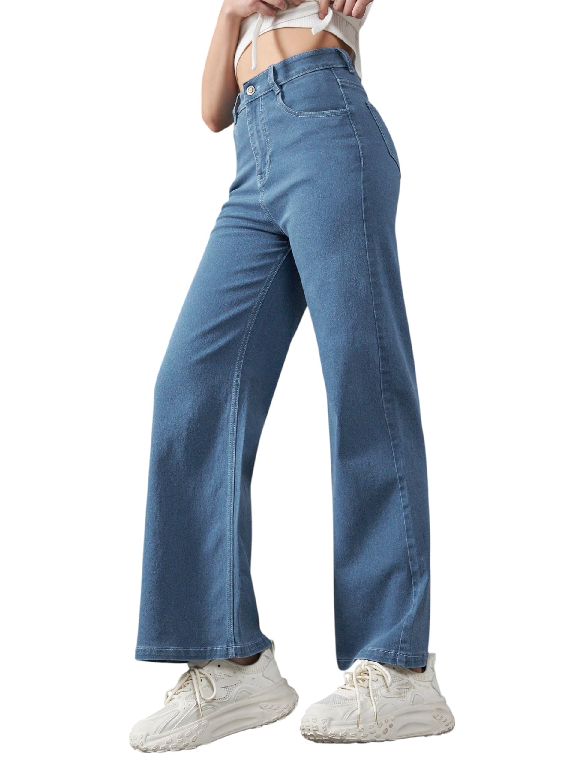 Dolce Crudo Womens Wide-Leg High-Rise Mildly Distressed Regular-Length Stretchable Denim Jeans (DOSS24DEN79-18-360-26, Stormy B