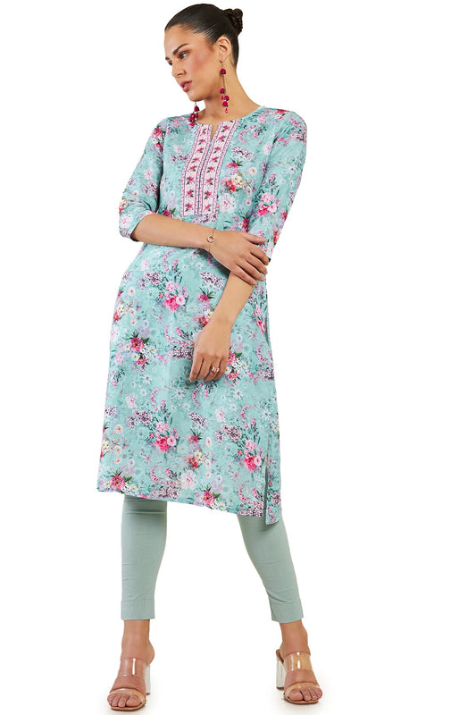 Soch Women Turquoise Blue Cotton Blend Floral Kurta