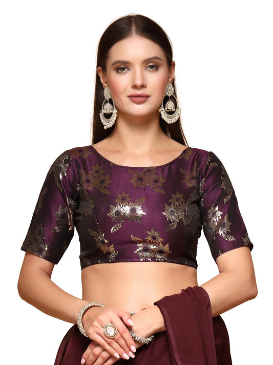 Oomph! WomenS Indian Ethnic Wear Designer Floral Pattern Zari Work Boat Neck Half Sleeve Purple Color Brocade Readymade Blouse