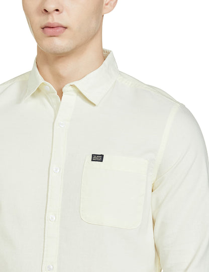 The Indian Garage Co Men Cream Solid Slim Fit Cotton Casual Shirt