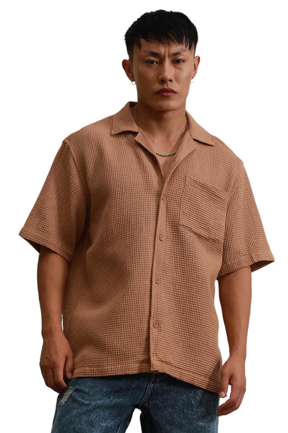 Hubberholme Brown Cotton Spread Collar Short Sleeves Solid Oversized Shirts
