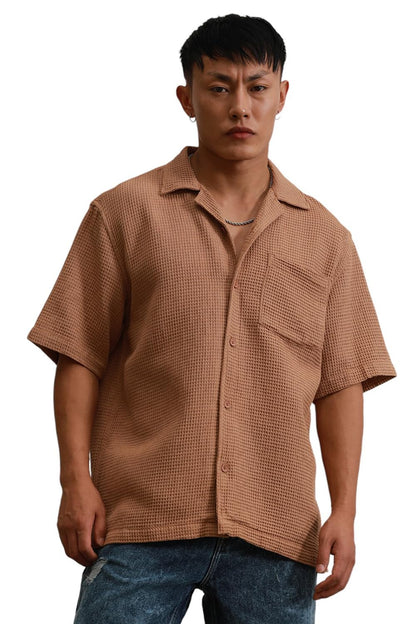 Hubberholme Brown Cotton Spread Collar Short Sleeves Solid Oversized Shirts