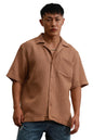Hubberholme Brown Cotton Spread Collar Short Sleeves Solid Oversized Shirts