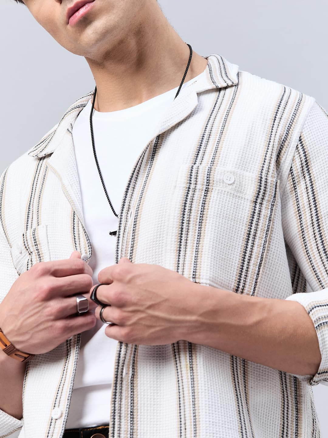 Style Quotient Mens Off White Stripe Solid Shirt