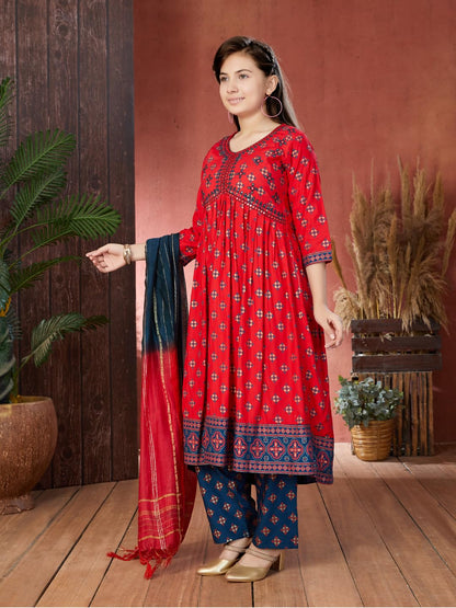 Aarika Girls Ethnic Wear Red Colour Foil Print Mirror Embroidery Rayon Kurti (9-16 Years)