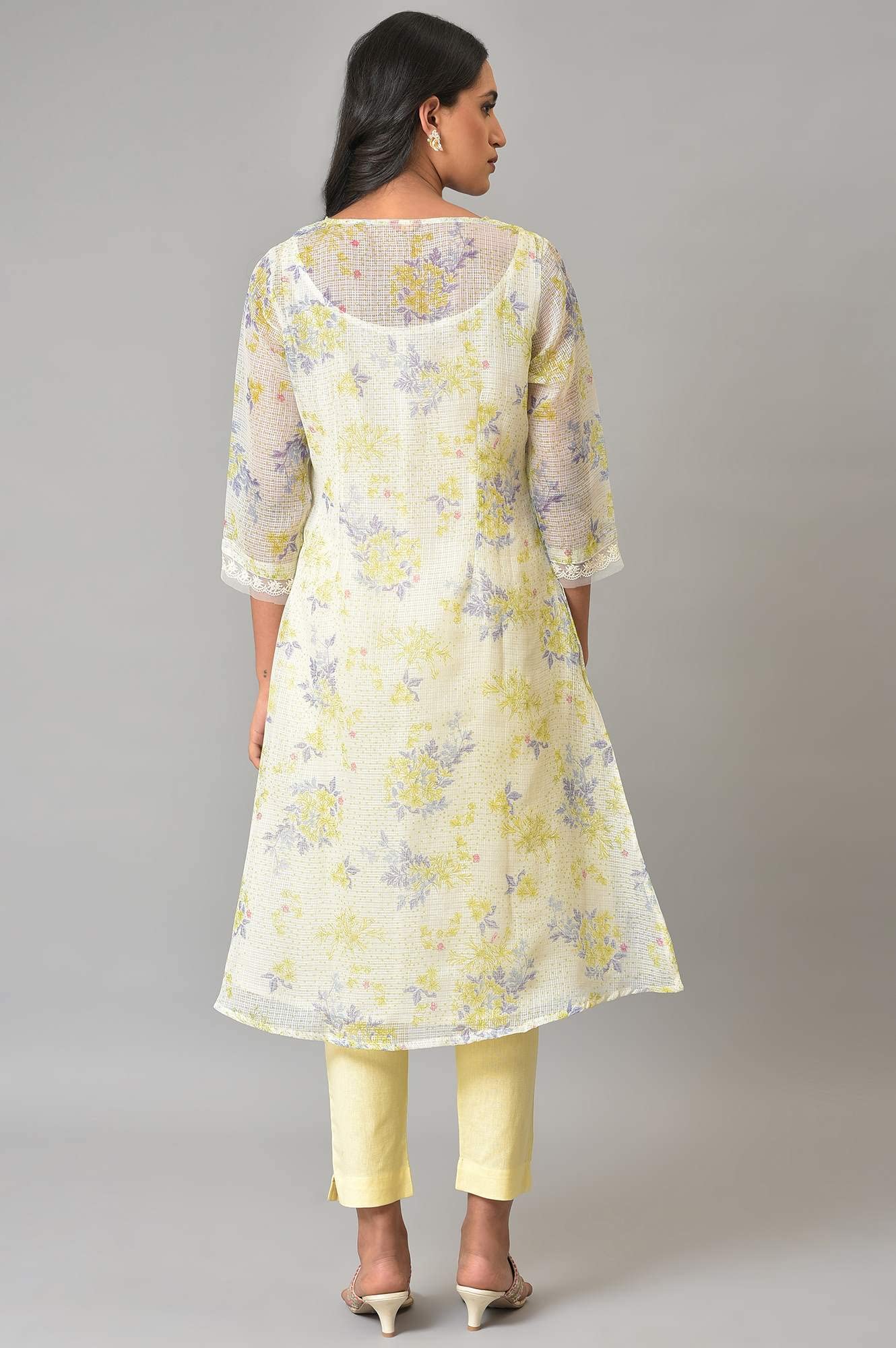 W Ecru Floral Printed Synthetic Lace Regular Kurta For Women