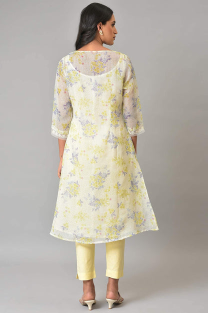 W Ecru Floral Printed Synthetic Lace Regular Kurta For Women