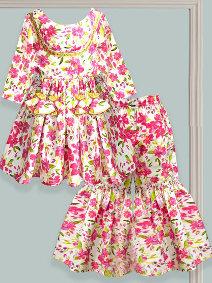 A.T.U.N. (All Things Uber Nice) A.T.U.N. Girls Ethnic Wear Sharara | Floral Pink Printed Kurta With Sharara Set For Girls