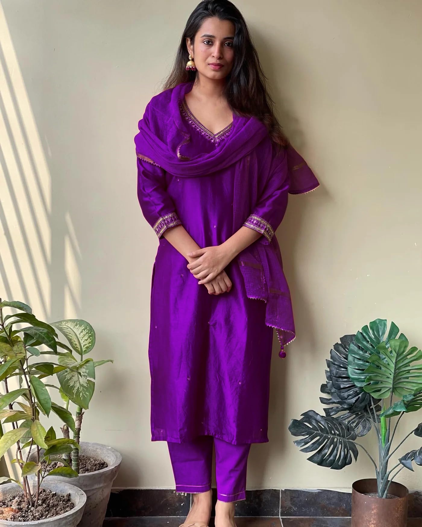 GoSriKi Women's Straight Embroidered Kurta with Pants & Dupatta, Begani, Size 48, Model BAGICHA-RANI-GS