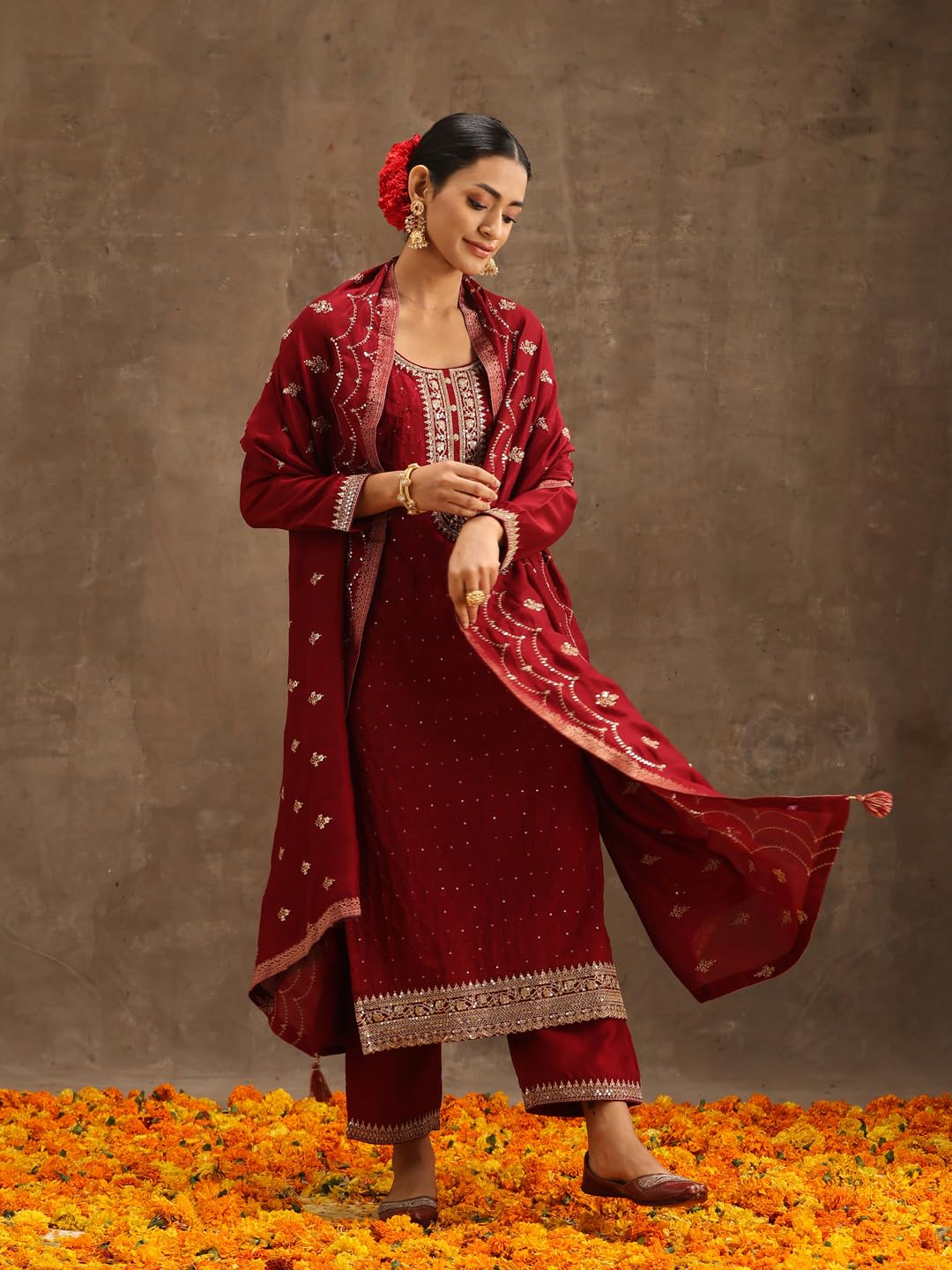 Libas Women's Silk Blend Kurta Set, Medium-X-Large, Maroon, Model 38088O, Cotton Material