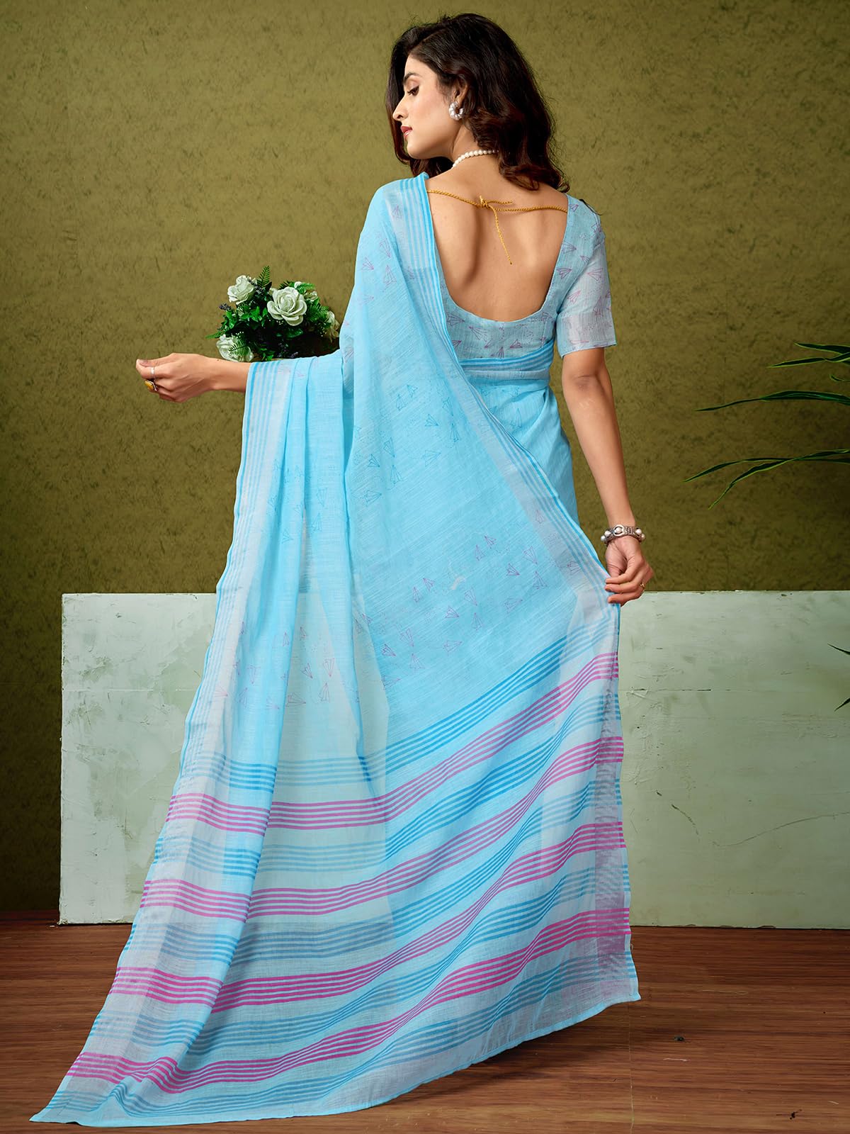 Satrani WomenS Linen Zari Border Printed Ready To Wear One Minute Pre Pleated Readymade Saree With Unstitched Blouse Piece (34R