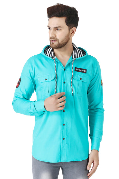 Besix MenS Green Tailored Fit Cotton Blend Shirt For Man With Hoodie - Casual Long Sleeve Shirt With Pockets - Patch Detail For