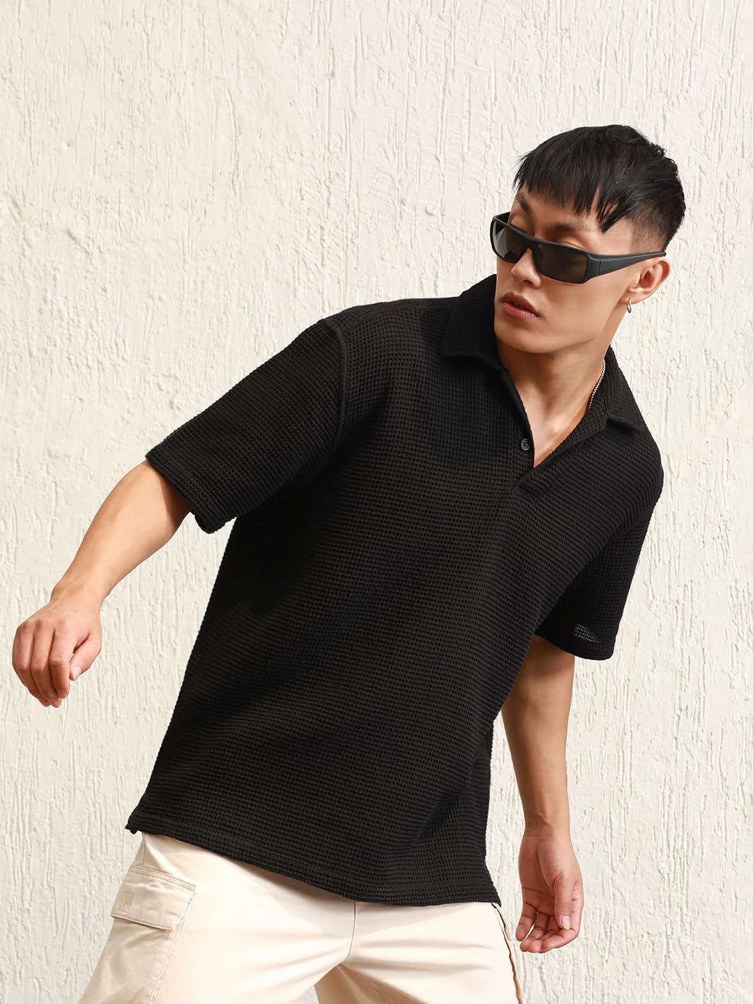 Hubberholme Black Cotton Short Sleeves Polo Collar Oversized Tshirts