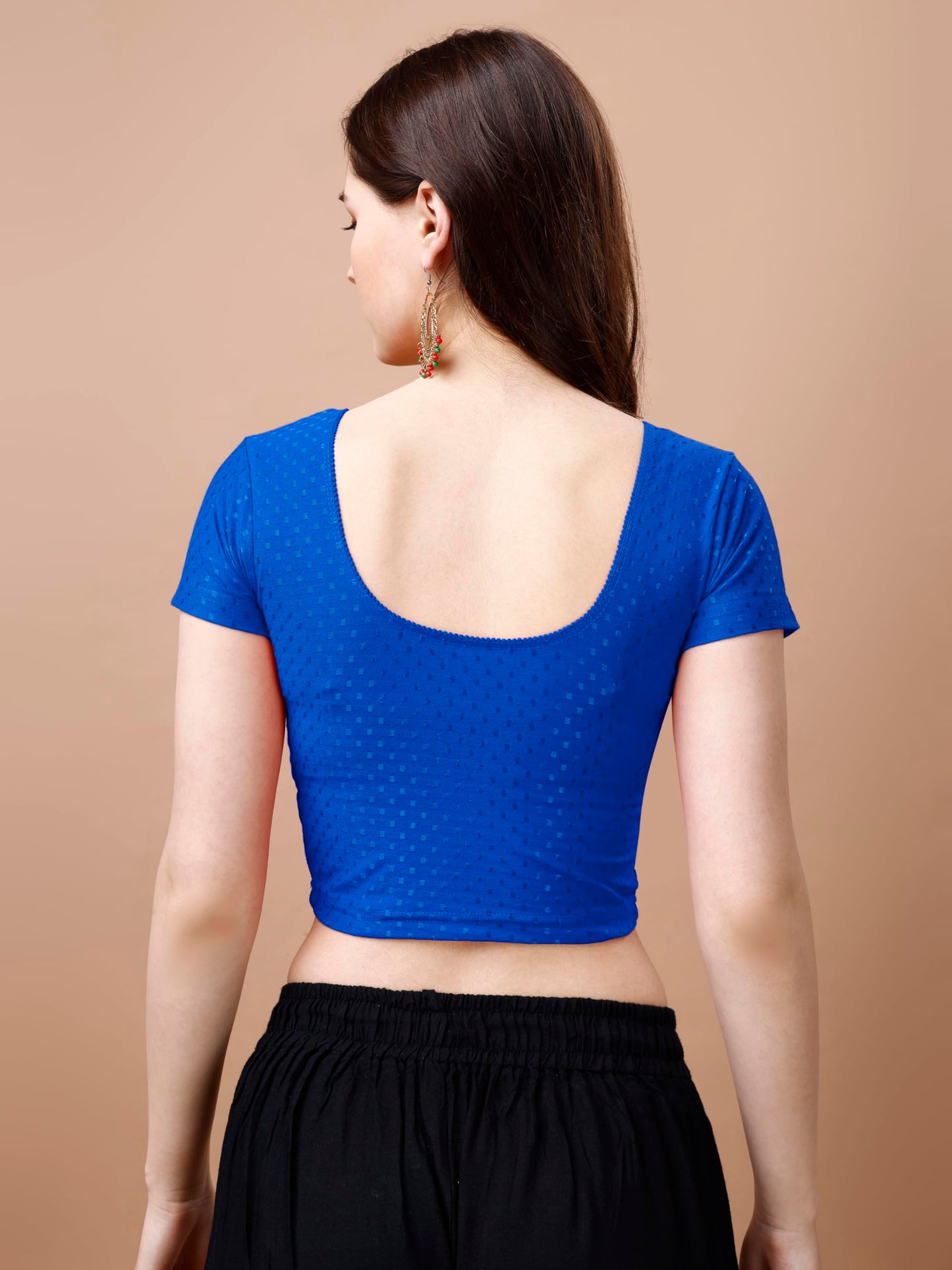 Pujia Mills Womens Readymade Dobby Cotton Lycra Stretchable Round Neck Short Sleeve Blouse Fancy Royal Blue Color Lycra Stretch