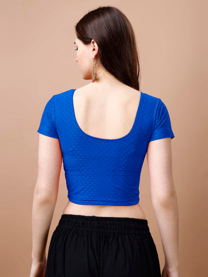 Pujia Mills Womens Readymade Dobby Cotton Lycra Stretchable Round Neck Short Sleeve Blouse Fancy Royal Blue Color Lycra Stretch