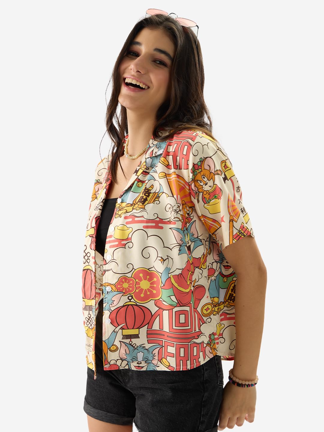 The Souled Store Tom and Jerry: New Year Short Sleeve Collared Neck Button Front Multicolor All Over Print Regular Fit Summer Sh