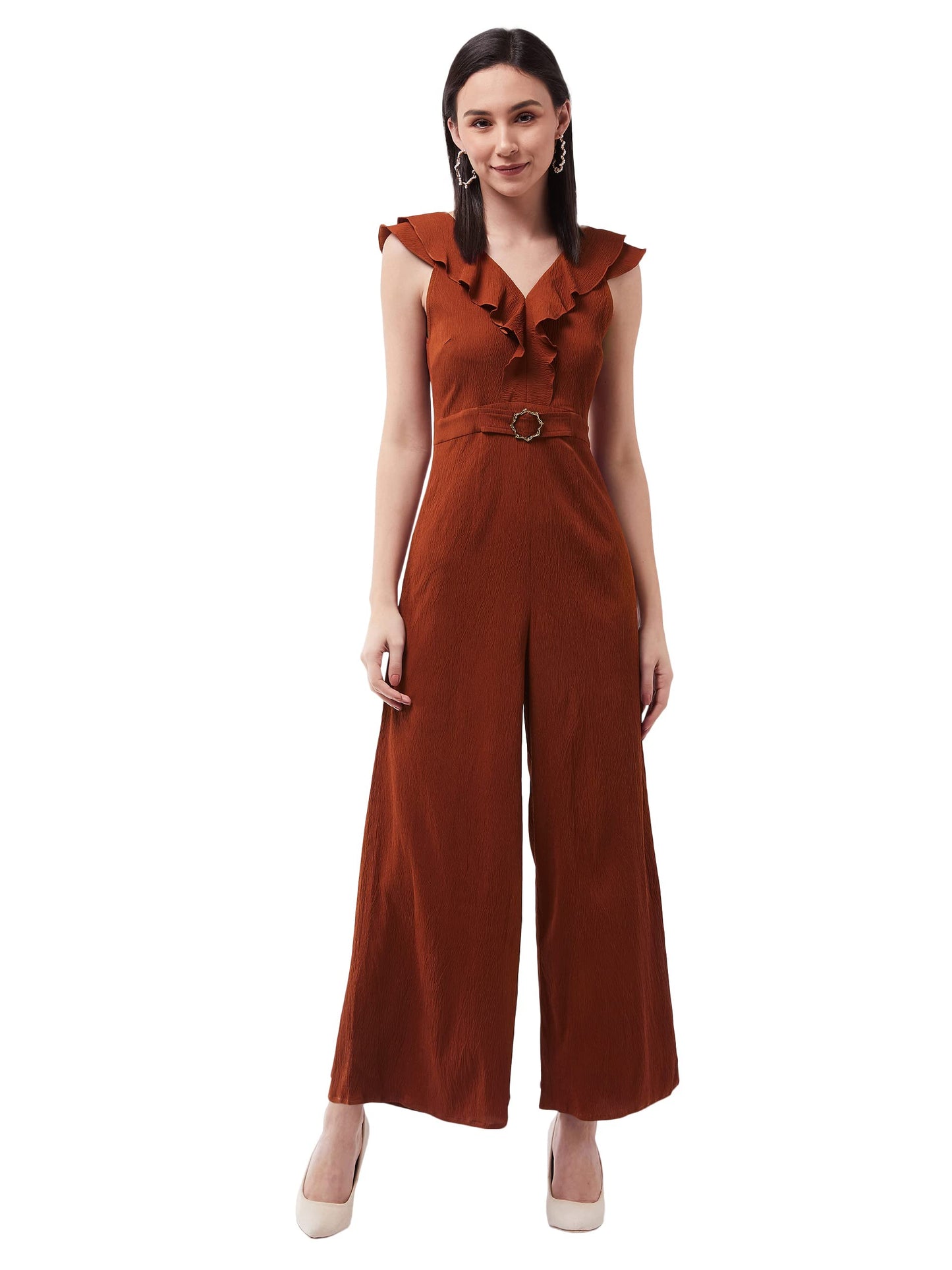 Miss Chase WomenS Rust V-Neck Sleeveless Solid Wide-Leg/Ruffles Regular Jumpsuit (Mcss20D04-63-225-06, Rust, Xl)