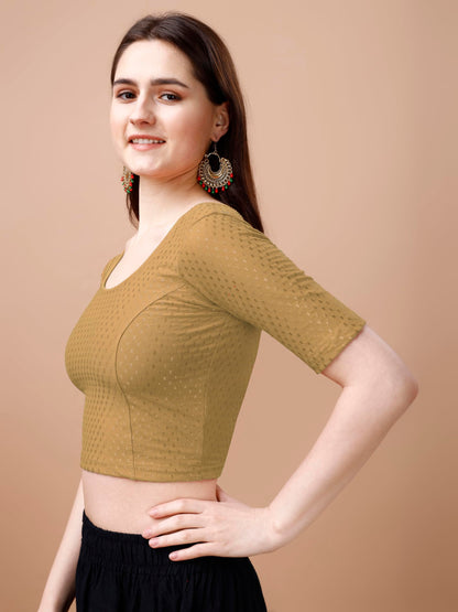 Pujia Mills WomenS Readymade Dobby Cotton Lycra Stretchable Round Neck Half Sleeve Blouse Fancy Gold Color Lycra Stretchable Bl