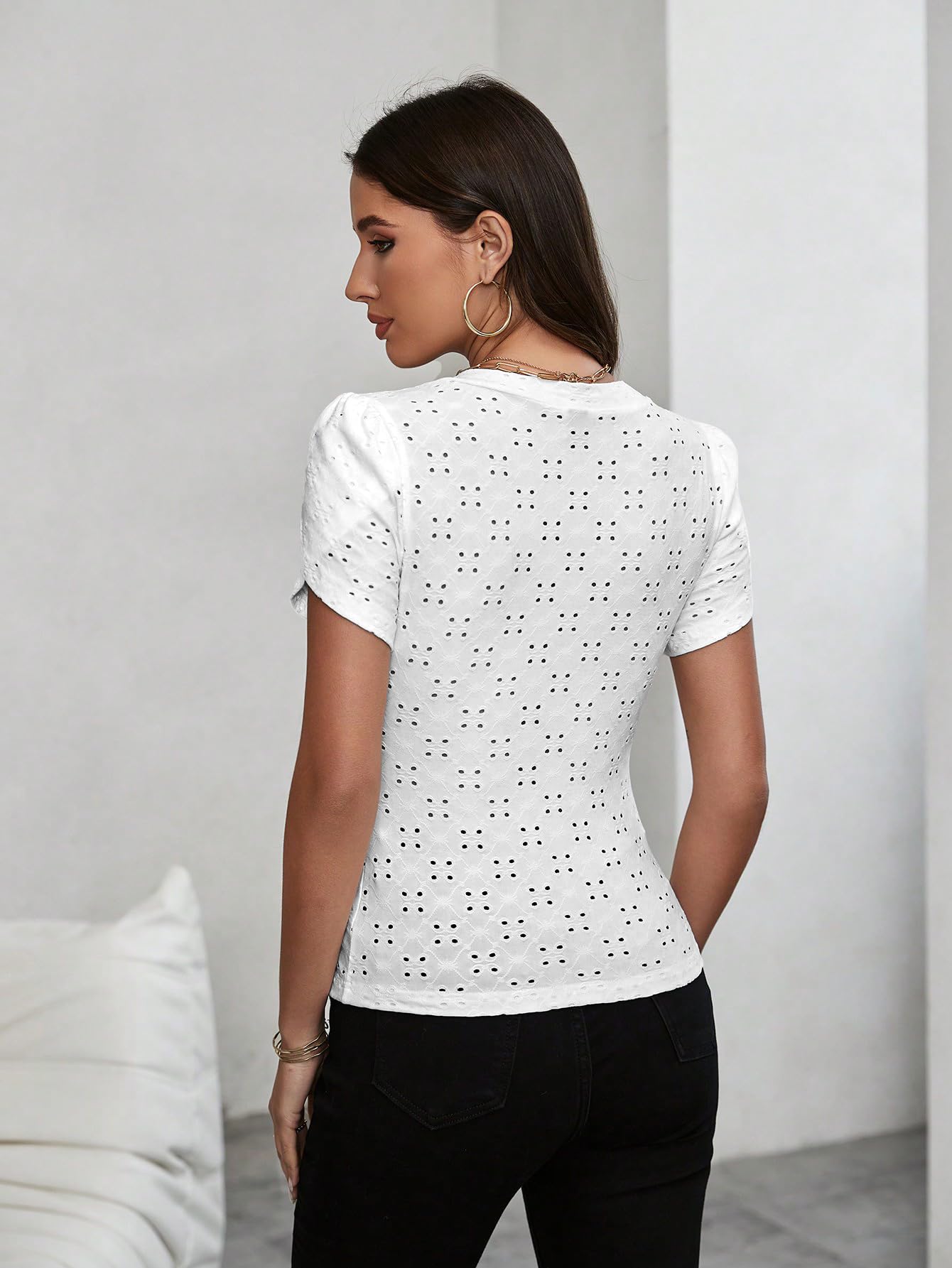 Sugathari Girls & Womens White Eyelet Embroidery Knitted V Neck Casual Slim Fit Women T-Shirt, Short Sleeve Schiffli Crop Top,