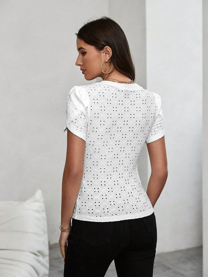Sugathari Girls & Womens White Eyelet Embroidery Knitted V Neck Casual Slim Fit Women T-Shirt, Short Sleeve Schiffli Crop Top,