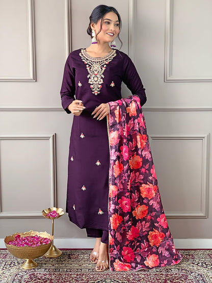Naixa Womens Wine Rayon Blend Embroidered and Printed Straight Kurta with Rayon Blend Pant and Organza Printed Dupatta Sets (NX