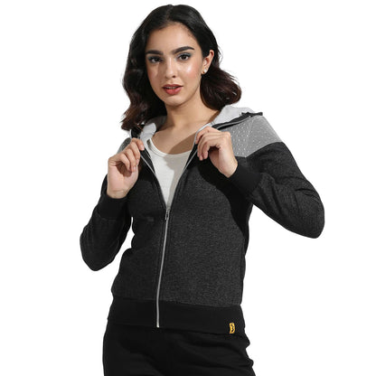 Campus Sutra Womens Grey Zip-Front Hoodie with Polka Dot Detail for Casual Wear | Hooded Neck | Long Sleeve | Zipper Closure |