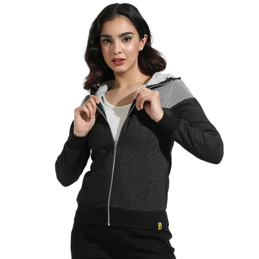 Campus Sutra Womens Grey Zip-Front Hoodie with Polka Dot Detail for Casual Wear | Hooded Neck | Long Sleeve | Zipper Closure |