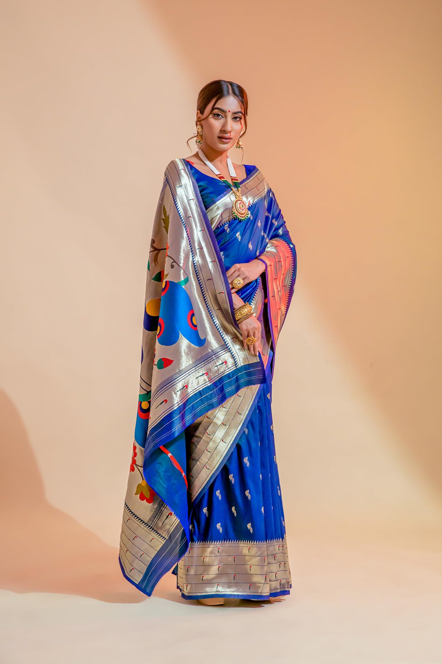 Pujia Mills Woman Pure Banarasi Silk Paithani Saree Indian Ethnic Wear Kanjivaram Saree With Heavy Golden Zari Woven Border With