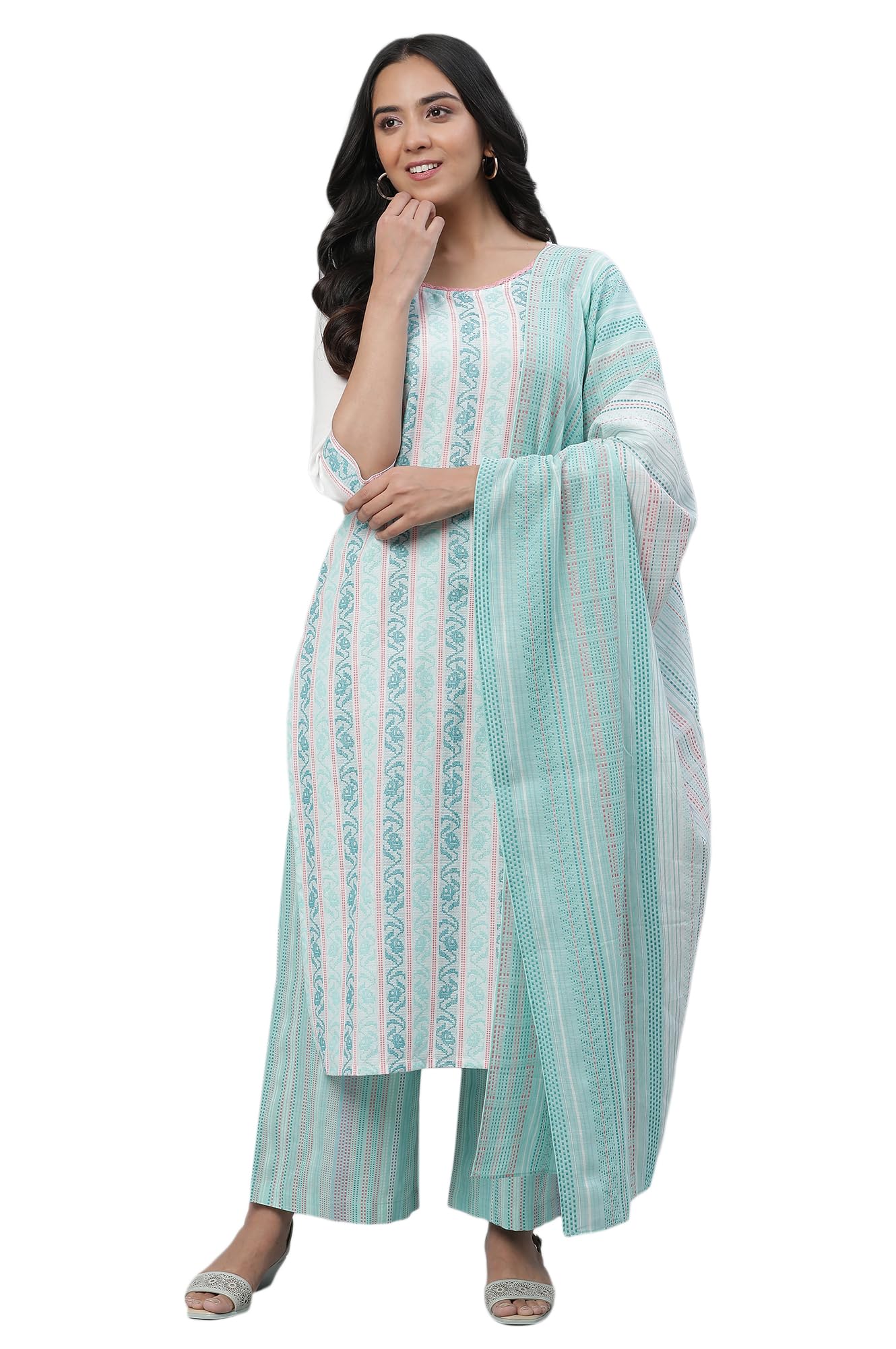 Aurelia Women's Spermint Pure Cotton Straight Kurta, Palazzos, Dupatta Suit Set