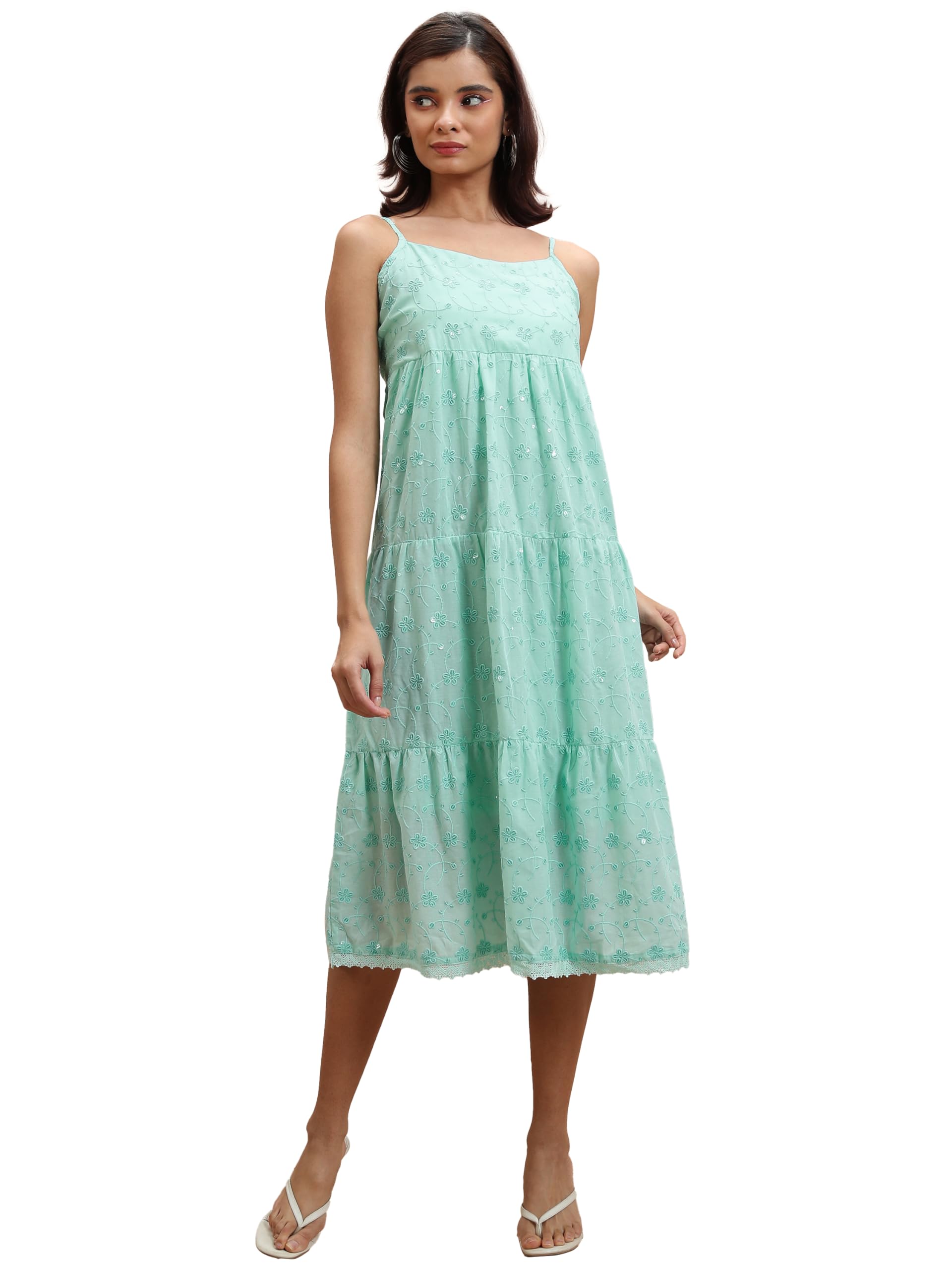 Ketch Cotton Blend Women Regular Fit Green Dress Mid-Calf Length Kha1000079