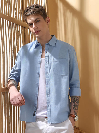 Dennis Lingo Men Regular Fit Blue Full Sleeves Cotton Casual Shirt