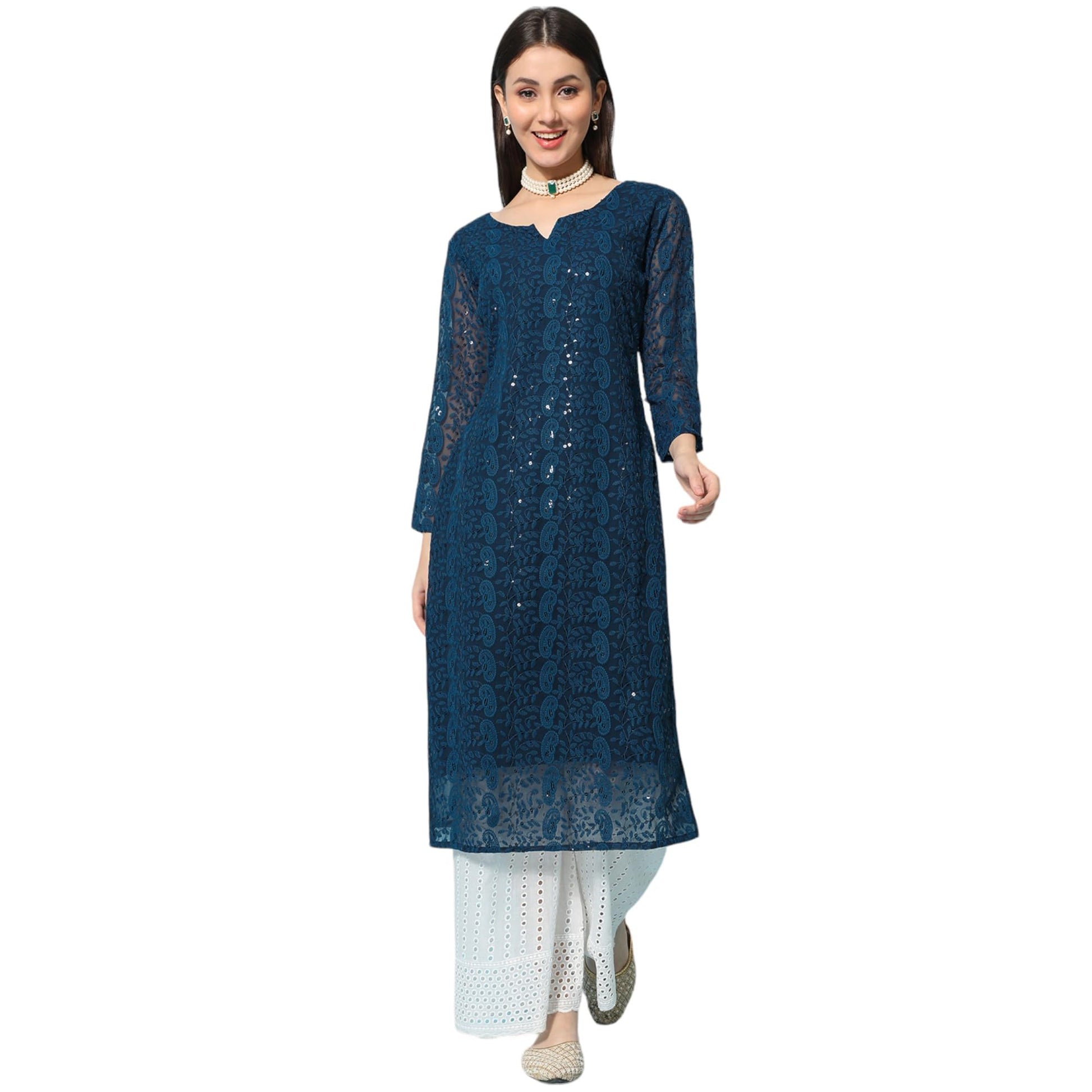 Gufrina WomenS Georgette Straight Kurta Palazzo With Notch Neck 3/4Th Sleeves Solid Pattern Chikankari Work Calf Length And Reg
