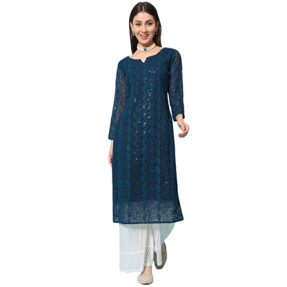 Gufrina WomenS Georgette Straight Kurta Palazzo With Notch Neck 3/4Th Sleeves Solid Pattern Chikankari Work Calf Length And Reg