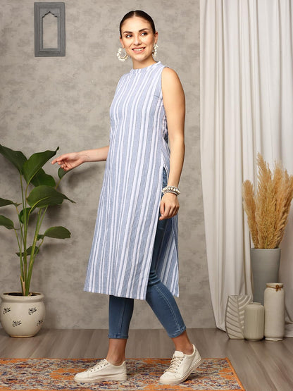 anubhutee Women Band Collar Yard Dyed Cotton Off White Kurta
