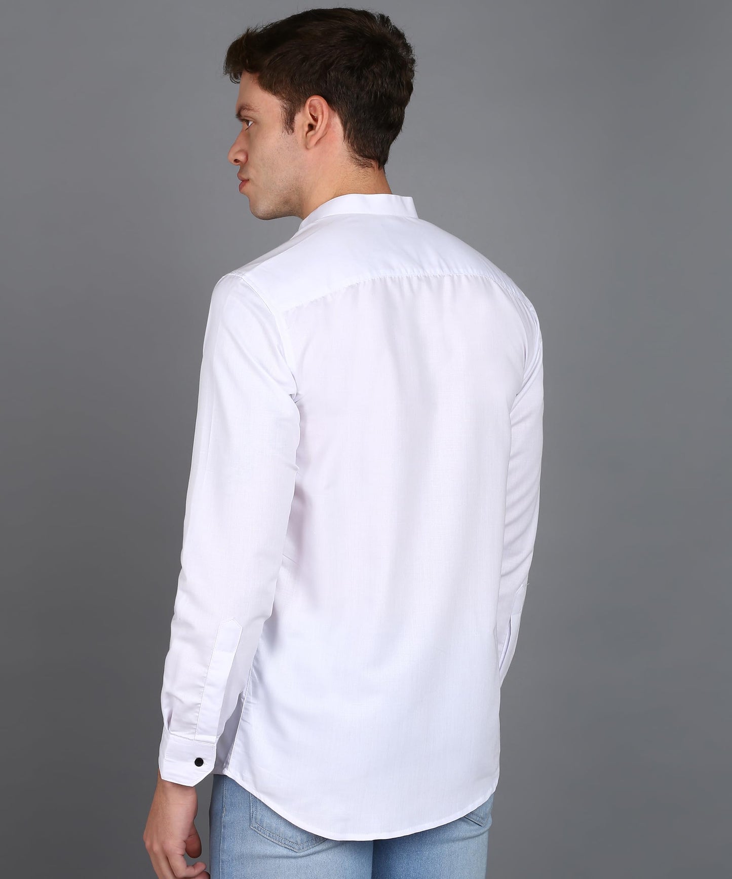 Mildin MenS Regular Cotton Blend White Slim Fit Solid Button Down Mandarin Chinese Collar Full Sleeve Curved Hemline Casual Shi