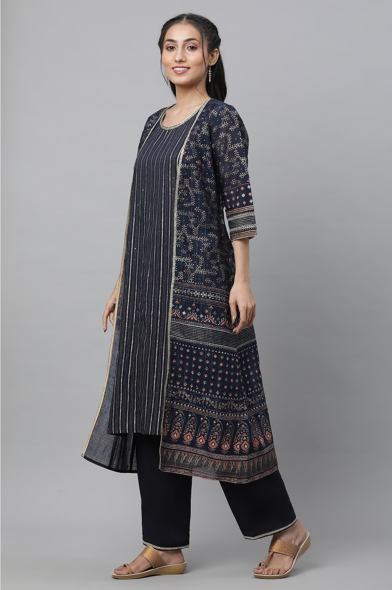 Aurelia Women Maritime Blue Polyester Straight Kurta, Trousers, Gillet Suit Set_23Aud14603-506298