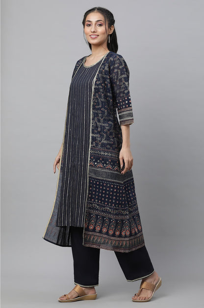 Aurelia Women Maritime Blue Polyester Straight Kurta, Trousers, Gillet Suit Set_23Aud14603-506298